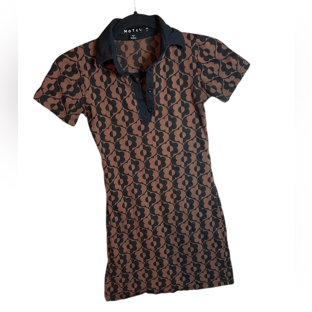 Motel Black and Brown floral pattern skater dress polo button down minidress XS